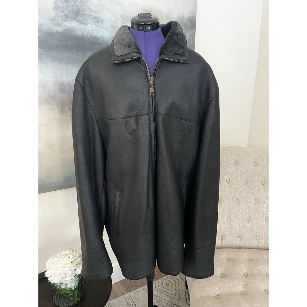 Jacques Duomor Leather Jacket Men 2XL Tall Black Faux Fur Lined Winter EUC